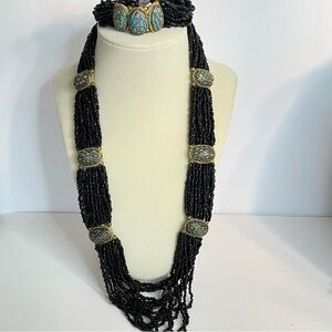Himalayan Turquoise Black Seed Bead Demi Parure Necklace Bracelet Inlaid Tibet